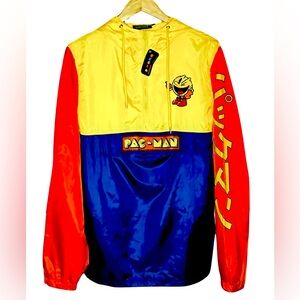 Pac-Man Windbreaker Jacket Colorblock Red Yellow Blue Size L Retro 90s Y2K NWT